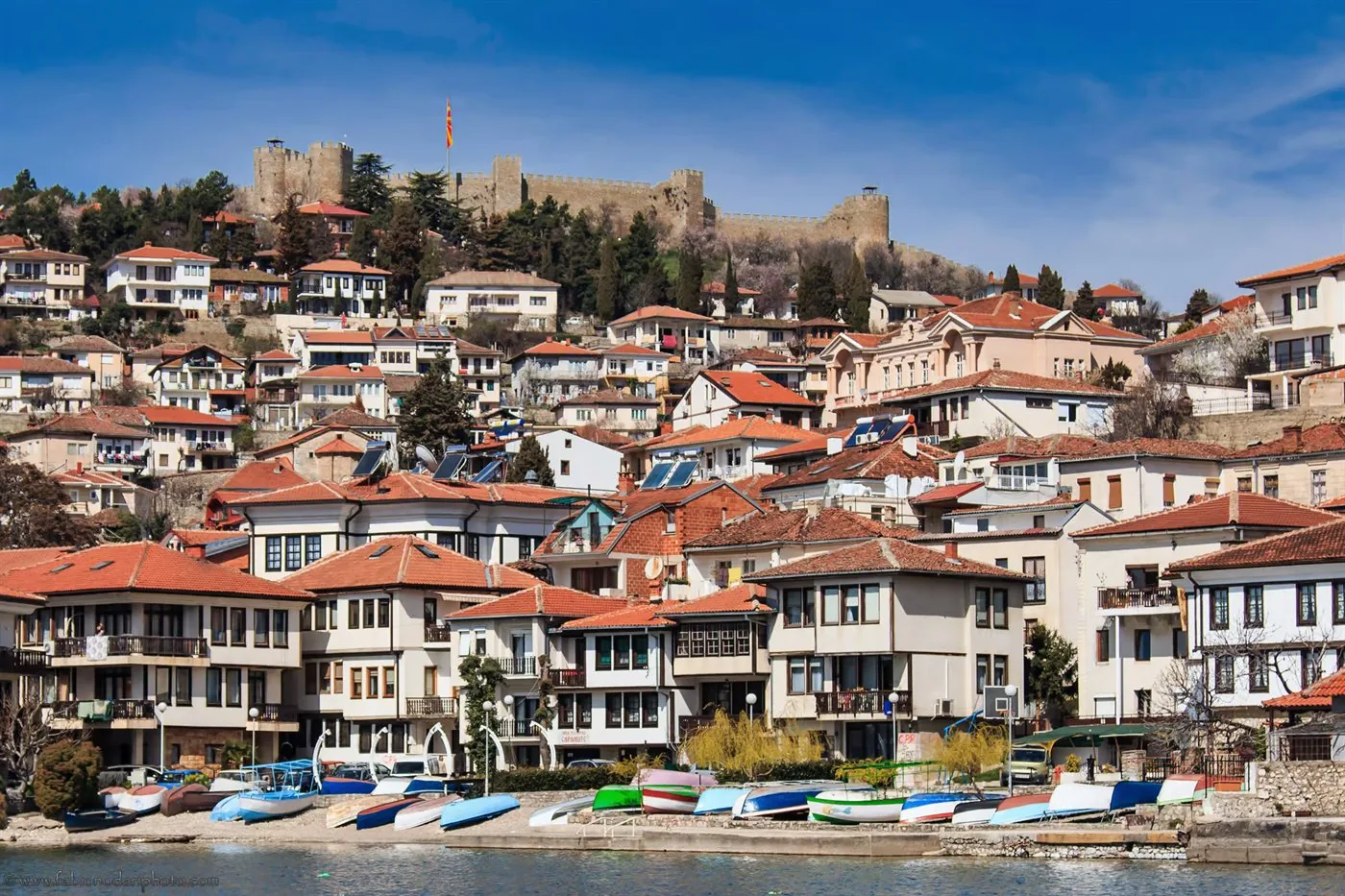 Traditional houses along a narrow street in Ohrid's old town