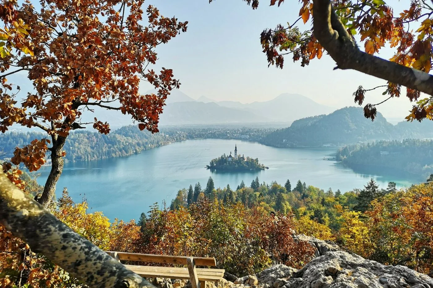 Lake Bled, its island, and castle viewed from Ojstrica